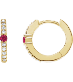 88567 Earring Set 14K Yellow 13.6 Mm 2 Mm Natural Ruby Round 2Mm 18 Ctw I1, Gh Pair Hinged Polished Natural Ruby And 18 Ctw Natural Diamond Huggie Earrings