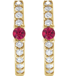 88567 Earring Set 14K Yellow 13.6 Mm 2 Mm Natural Ruby Round 2Mm 18 Ctw I1, Gh Pair Hinged Polished Natural Ruby And 18 Ctw Natural Diamond Huggie Earrings