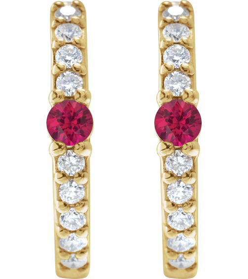 88567 Earring Set 14K Yellow 13.6 Mm 2 Mm Natural Ruby Round 2Mm 18 Ctw I1, Gh Pair Hinged Polished Natural Ruby And 18 Ctw Natural Diamond Huggie Earrings