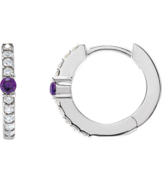 88567 Earring Set Sterling Silver 13.6 Mm 2 Mm Natural Amethyst Round 2Mm 18 Ctw I1, Gh Pair Hinged Polished Natural Amethyst And 18 Ctw Natural Diamond Huggie Earrings