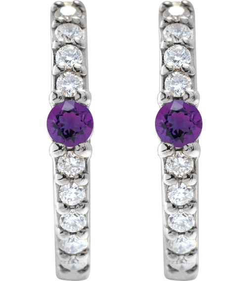 88567 Earring Set Sterling Silver 13.6 Mm 2 Mm Natural Amethyst Round 2Mm 18 Ctw I1, Gh Pair Hinged Polished Natural Amethyst And 18 Ctw Natural Diamond Huggie Earrings