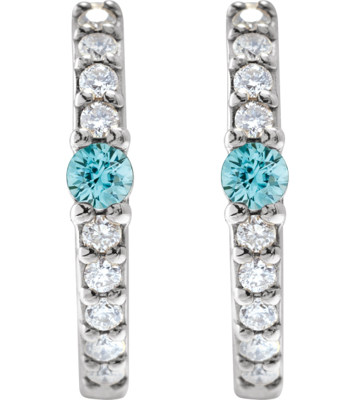 88567 Earring Set Sterling Silver 13.6 Mm 2 Mm Natural Blue Zircon Round 2Mm 18 Ctw I1, Gh Pair Hinged Polished Natural Blue Zircon And 18 Ctw Natural Diamond Huggie Earrings