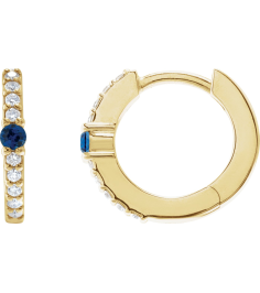 88567 Earring Set 14K Yellow 13.6 Mm 2 Mm Lab-Grown Blue Sapphire Round 2Mm 18 Ctw I1, Gh Pair Hinged Polished Lab-Grown Blue Sapphire And 18 Ctw Natural Diamond Huggie Earrings