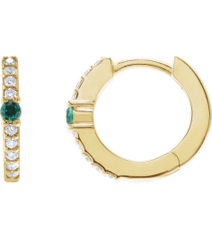 88567 Earring Set 14K Yellow 13.6 Mm 2 Mm Natural Emerald Round 2Mm 18 Ctw I1, Gh Pair Hinged Polished Natural Emerald And 18 Ctw Natural Diamond Huggie Earrings