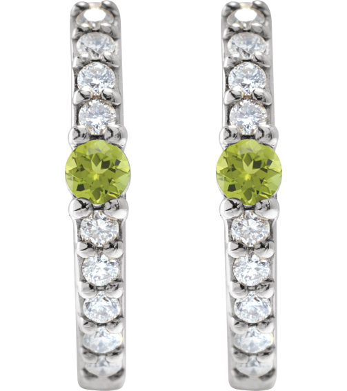 88567 Earring Set Sterling Silver 13.6 Mm 2 Mm Natural Peridot Round 2Mm 18 Ctw I1, Gh Pair Hinged Polished Natural Peridot And 18 Ctw Natural Diamond Huggie Earrings