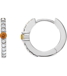 88567 Earring Set Sterling Silver 13.6 Mm 2 Mm Natural Citrine Round 2Mm 18 Ctw I1, Gh Pair Hinged Polished Natural Citrine And 18 Ctw Natural Diamond Huggie Earrings