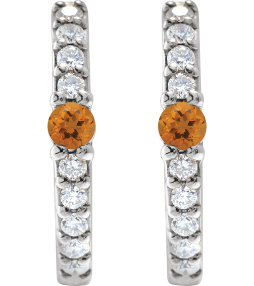 88567 Earring Set Sterling Silver 13.6 Mm 2 Mm Natural Citrine Round 2Mm 18 Ctw I1, Gh Pair Hinged Polished Natural Citrine And 18 Ctw Natural Diamond Huggie Earrings