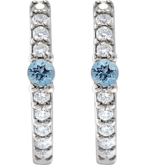 88567 Earring Set Sterling Silver 13.6 Mm 2 Mm Natural Aquamarine Round 2Mm 18 Ctw I1, Gh Pair Hinged Polished Natural Aquamarine And 18 Ctw Natural Diamond Huggie Earrings