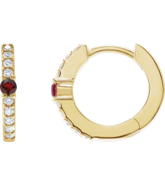 88567 Earring Set 14K Yellow 13.6 Mm 2 Mm Natural Mozambique Garnet Round 2Mm 18 Ctw I1, Gh Pair Hinged Polished Natural Mozambique Garnet And 18 Ctw Natural Diamond Huggie Earrings
