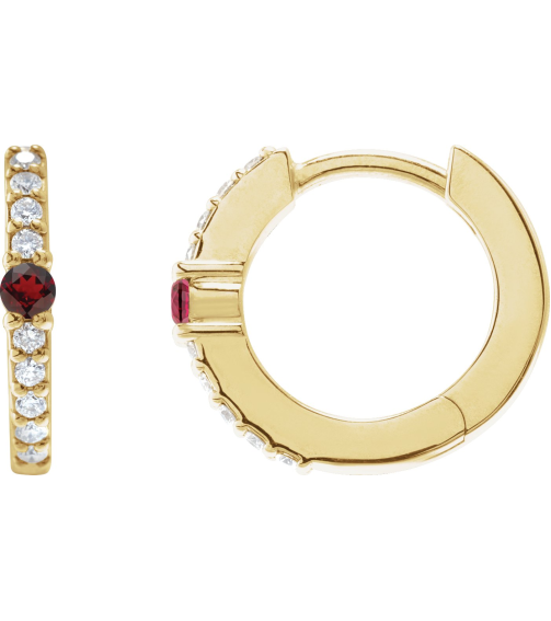 88567 Earring Set 14K Yellow 13.6 Mm 2 Mm Natural Mozambique Garnet Round 2Mm 18 Ctw I1, Gh Pair Hinged Polished Natural Mozambique Garnet And 18 Ctw Natural Diamond Huggie Earrings