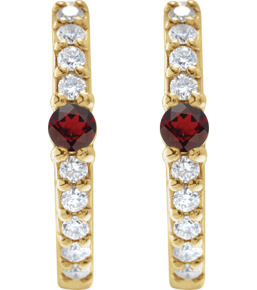 88567 Earring Set 14K Yellow 13.6 Mm 2 Mm Natural Mozambique Garnet Round 2Mm 18 Ctw I1, Gh Pair Hinged Polished Natural Mozambique Garnet And 18 Ctw Natural Diamond Huggie Earrings