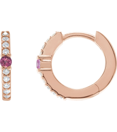 88567 Earring Set 14K Rose 13.6 Mm 2 Mm Natural Pink Tourmaline Round 2Mm 18 Ctw I1, Gh Pair Hinged Polished Natural Pink Tourmaline And 18 Ctw Natural Diamond Huggie Earrings