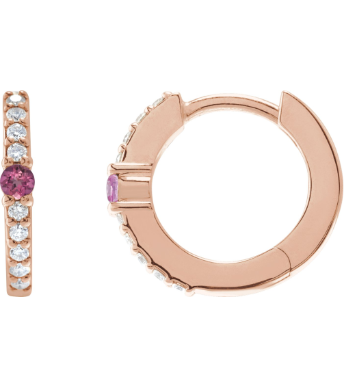 88567 Earring Set 14K Rose 13.6 Mm 2 Mm Natural Pink Tourmaline Round 2Mm 18 Ctw I1, Gh Pair Hinged Polished Natural Pink Tourmaline And 18 Ctw Natural Diamond Huggie Earrings