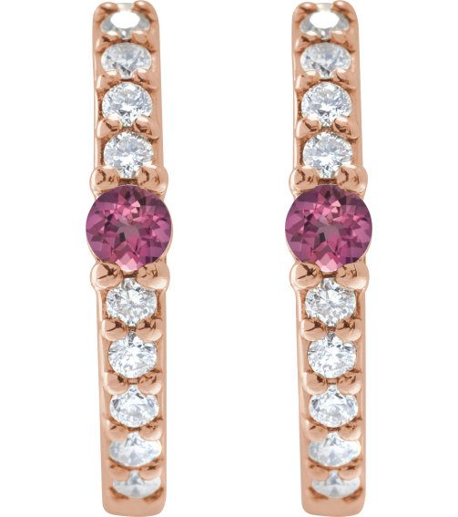 88567 Earring Set 14K Rose 13.6 Mm 2 Mm Natural Pink Tourmaline Round 2Mm 18 Ctw I1, Gh Pair Hinged Polished Natural Pink Tourmaline And 18 Ctw Natural Diamond Huggie Earrings