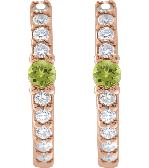 88567 Earring Set 14K Rose 13.6 Mm 2 Mm Natural Peridot Round 2Mm 18 Ctw I1, Gh Pair Hinged Polished Natural Peridot And 18 Ctw Natural Diamond Huggie Earrings
