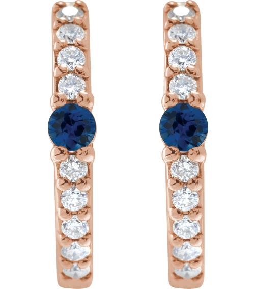 88567 Earring Set 14K Rose 13.6 Mm 2 Mm Natural Blue Sapphire Round 2Mm 18 Ctw I1, Gh Pair Hinged Polished Natural Blue Sapphire And 18 Ctw Natural Diamond Huggie Earrings