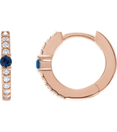 88567 Earring Set 14K Rose 13.6 Mm 2 Mm Lab-Grown Blue Sapphire Round 2Mm 18 Ctw I1, Gh Pair Hinged Polished Lab-Grown Blue Sapphire And 18 Ctw Natural Diamond Huggie Earrings