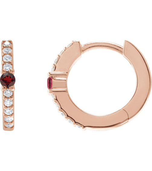 88567 Earring Set 14K Rose 13.6 Mm 2 Mm Natural Mozambique Garnet Round 2Mm 18 Ctw I1, Gh Pair Hinged Polished Natural Mozambique Garnet And 18 Ctw Natural Diamond Huggie Earrings