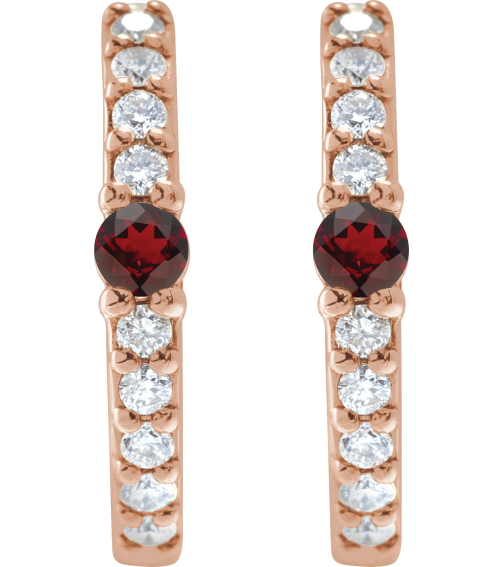 88567 Earring Set 14K Rose 13.6 Mm 2 Mm Natural Mozambique Garnet Round 2Mm 18 Ctw I1, Gh Pair Hinged Polished Natural Mozambique Garnet And 18 Ctw Natural Diamond Huggie Earrings