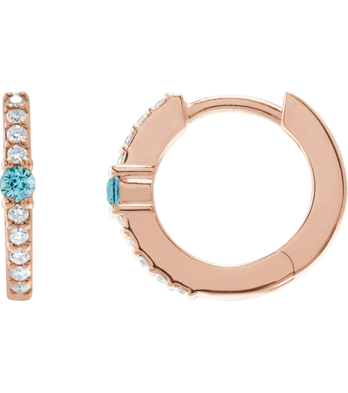88567 Earring Set 14K Rose 13.6 Mm 2 Mm Natural Blue Zircon Round 2Mm 18 Ctw I1, Gh Pair Hinged Polished Natural Blue Zircon And 18 Ctw Natural Diamond Huggie Earrings