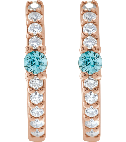 88567 Earring Set 14K Rose 13.6 Mm 2 Mm Natural Blue Zircon Round 2Mm 18 Ctw I1, Gh Pair Hinged Polished Natural Blue Zircon And 18 Ctw Natural Diamond Huggie Earrings