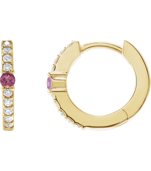 88567 Earring Set 14K Yellow 13.6 Mm 2 Mm Natural Pink Tourmaline Round 2Mm 18 Ctw I1, Gh Pair Hinged Polished Natural Pink Tourmaline And 18 Ctw Natural Diamond Huggie Earrings