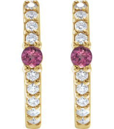88567 Earring Set 14K Yellow 13.6 Mm 2 Mm Natural Pink Tourmaline Round 2Mm 18 Ctw I1, Gh Pair Hinged Polished Natural Pink Tourmaline And 18 Ctw Natural Diamond Huggie Earrings
