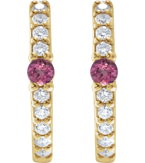 88567 Earring Set 14K Yellow 13.6 Mm 2 Mm Natural Pink Tourmaline Round 2Mm 18 Ctw I1, Gh Pair Hinged Polished Natural Pink Tourmaline And 18 Ctw Natural Diamond Huggie Earrings