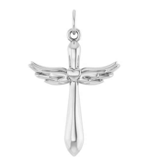 R50048 Pendant Platinum 19.9 X 12.5 Mm Polished Heart Angel Wing Cross Pendant