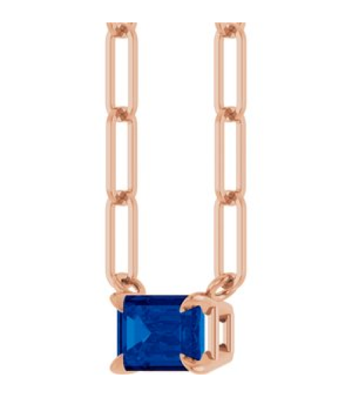 88547 Necklace Set 14K Rose Emerald Lab-Grown Blue Sapphire 6 X 4 Mm 16 In Polished Lab Grown Blue Sapphire Solitaire Claw Prong Necklace
