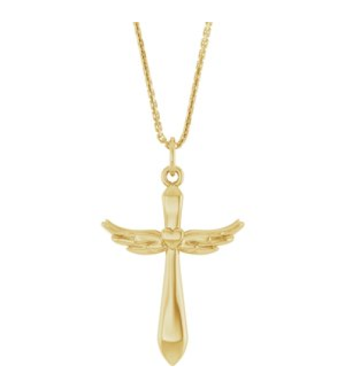 R50048 Necklace 14K Yellow 19.9 X 12.5 Mm 18 In Polished Heart Angel Wing Cross Necklace