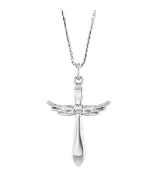 R50048 Necklace 14K White 19.9 X 12.5 Mm 18 In Polished Heart Angel Wing Cross Necklace