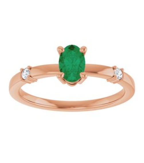 72410 Ring Set 14K Rose Lab-Grown Emerald Oval 6 X 4 Mm Natural Diamond Polished Lab-Grown Emerald And .05 Ctw Natural Diamond Ring