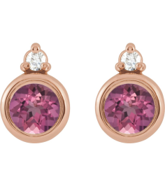 88546 Earring Set Natural Pink Tourmaline Round 4 Mm 14K Rose Natural Diamond Pair Friction Backs Included Polished Natural Pink Tourmaline And .03 Ctw Natural Diamond Earrings