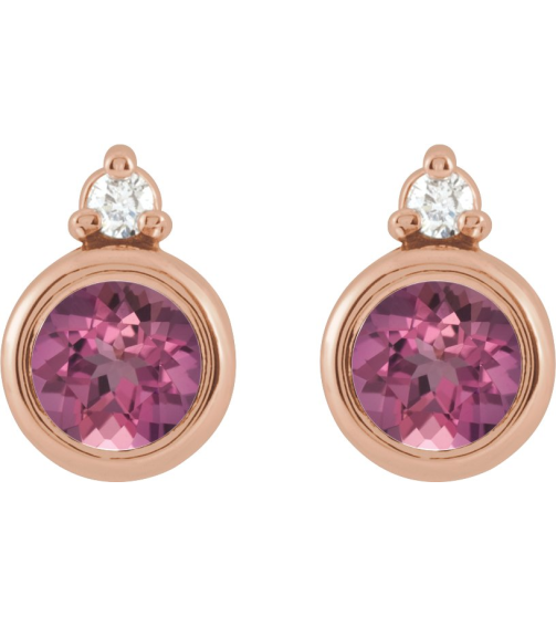 88546 Earring Set Natural Pink Tourmaline Round 4 Mm 14K Rose Natural Diamond Pair Friction Backs Included Polished Natural Pink Tourmaline And .03 Ctw Natural Diamond Earrings