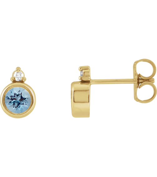 88546 Earring Set Natural Aquamarine Round 4 Mm 14K Yellow Natural Diamond Pair Friction Backs Included Polished Natural Aquamarine And .03 Ctw Natural Diamond Earrings