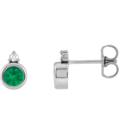 88546 Earring Set Lab-Grown Emerald Round 4 Mm Platinum Natural Diamond Pair Friction Backs Included Polished Lab-Grown Emerald And .03 Ctw Natural Diamond Earrings