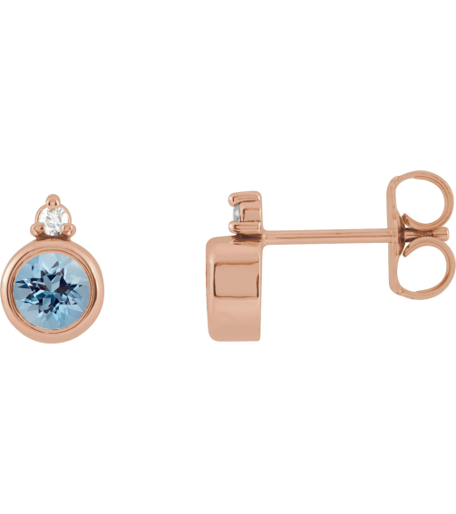 88546 Earring Set Natural Aquamarine Round 4 Mm 14K Rose Natural Diamond Pair Friction Backs Included Polished Natural Aquamarine And .03 Ctw Natural Diamond Earrings