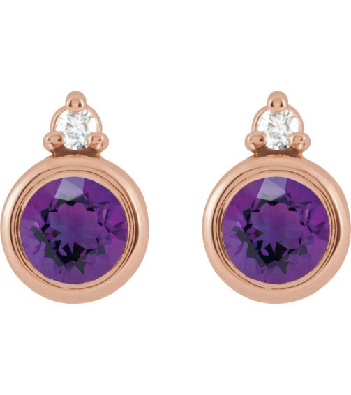 88546 Earring Set Natural Amethyst Round 4 Mm 14K Rose Natural Diamond Pair Friction Backs Included Polished Natural Amethyst And .03 Ctw Natural Diamond Earrings