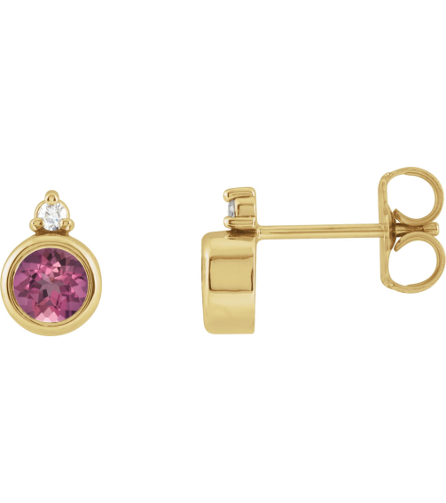 88546 Earring Set Natural Pink Tourmaline Round 4 Mm 14K Yellow Natural Diamond Pair Friction Backs Included Polished Natural Pink Tourmaline And .03 Ctw Natural Diamond Earrings