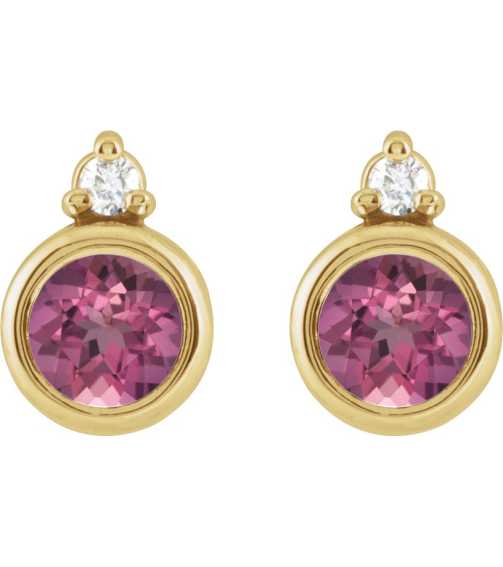 88546 Earring Set Natural Pink Tourmaline Round 4 Mm 14K Yellow Natural Diamond Pair Friction Backs Included Polished Natural Pink Tourmaline And .03 Ctw Natural Diamond Earrings