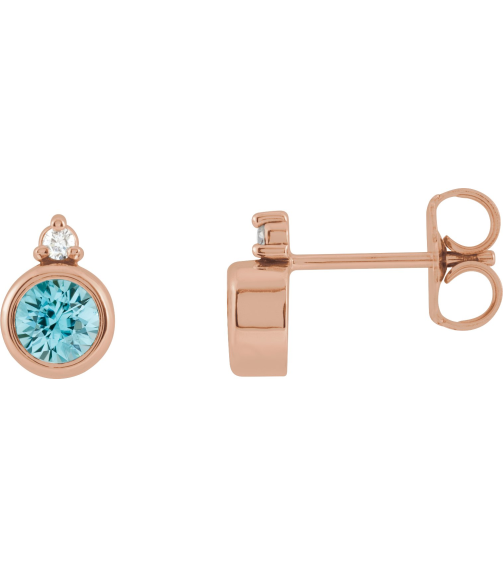 88546 Earring Set Natural Blue Zircon Round 4 Mm 14K Rose Natural Diamond Pair Friction Backs Included Polished Natural Zircon And .03 Ctw Natural Diamond Earrings