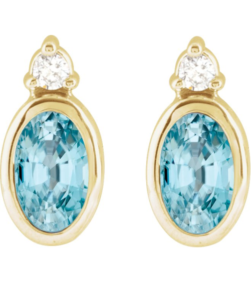 88546 Earring Set Natural Blue Zircon Oval 5 X 3 Mm 14K Yellow Natural Diamond Pair Friction Backs Included Polished Natural Zircon And .03 Ctw Natural Diamond Earrings