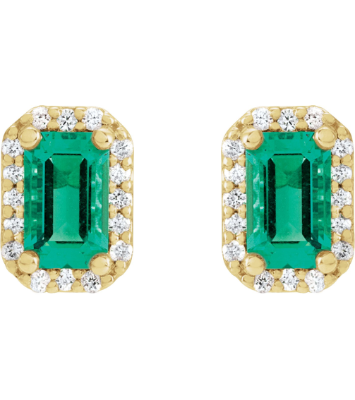 88544 Earring Set Lab-Grown Emerald Emerald 5 X 3 Mm 14K Yellow Natural Diamond Pair Friction Backs Included Polished Lab-Grown Emerald And .07 Ctw Natural Diamond Halo-Style Earrings