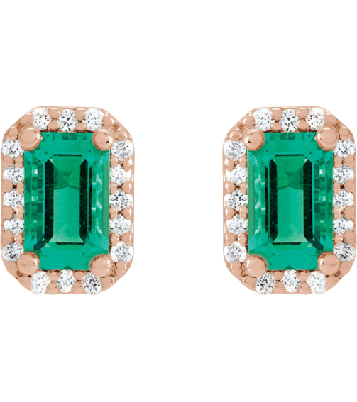 88544 Earring Set Lab-Grown Emerald Emerald 5 X 3 Mm 14K Rose Natural Diamond Pair Friction Backs Included Polished Lab-Grown Emerald And .07 Ctw Natural Diamond Halo-Style Earrings