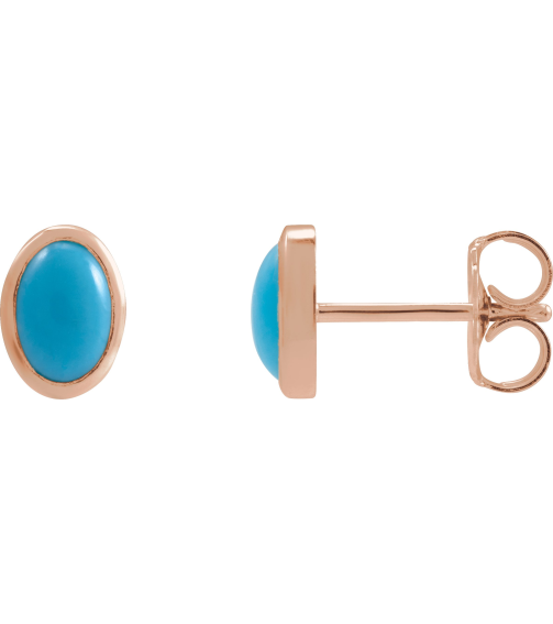 23489 14K Rose Set Oval Natural Turquoise Pair 6 X 4 Mm Friction Friction Backs Included Bezel Polished Natural Cabochon Turquoise Bezel Earrings