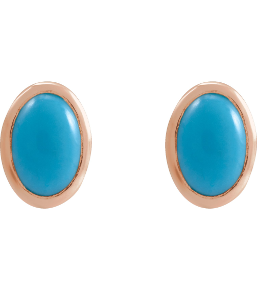 23489 14K Rose Set Oval Natural Turquoise Pair 6 X 4 Mm Friction Friction Backs Included Bezel Polished Natural Cabochon Turquoise Bezel Earrings
