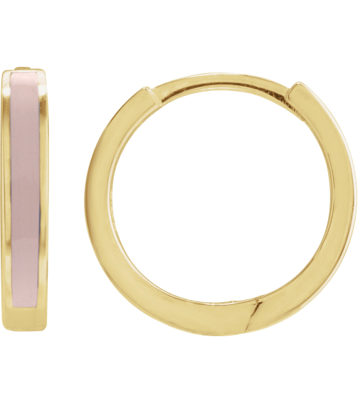 689146 Earring 14K Yellow Pink Enamel 12.1 Mm 2 Mm Pair Hinged Polished Light Pink Beige Enamel Hoop Earrings
