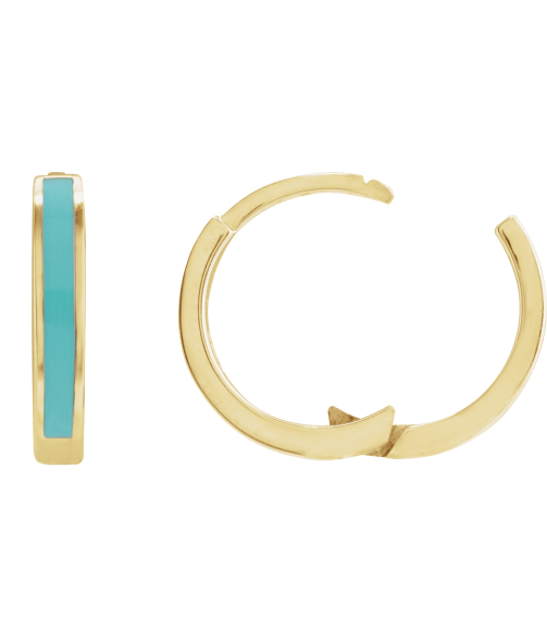 689146 Earring 14K Yellow Turquoise Enamel 12.1 Mm 2 Mm Pair Hinged Polished Light Turquoise Enamel Hoop Earrings