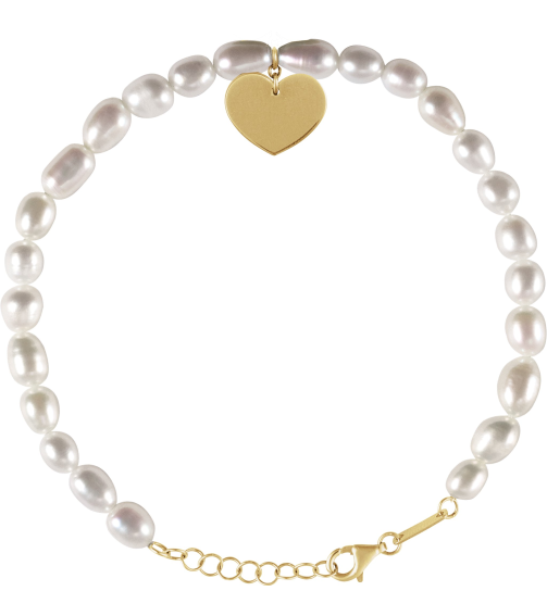 689147 Bracelet Set 14K Yellow Pearl Cultured White Freshwater Pearl 5-5.5 Mm 7-8 In Polished Cultured Freshwater Pearl Bracelet With Heart Dangle
